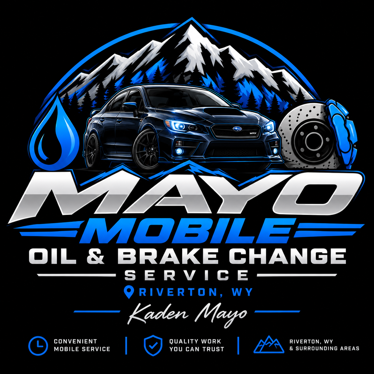 Mayo Mobile Oil & Brake Change Service logo featuring the Subaru WRX, mountain backdrop, oil drop, and brake rotor